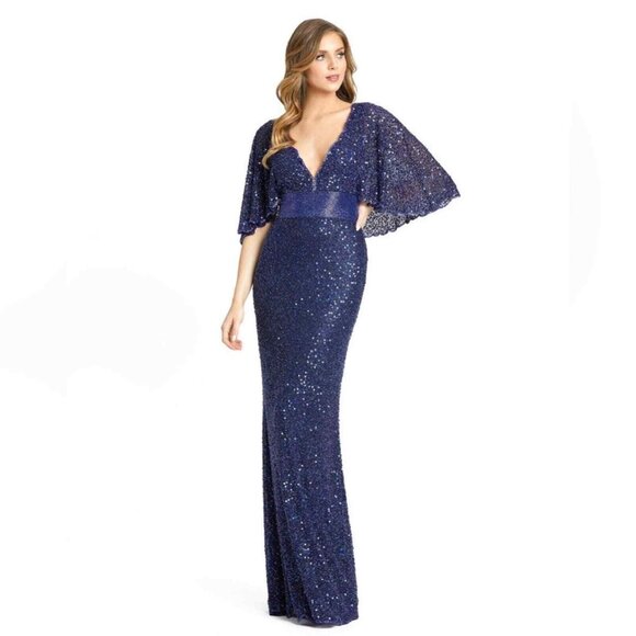 NWT‎ Mac Duggal Cape Sleeve Sequined Beaded Waist Gown 4808 sz 12 Midnight Blue - Picture 1 of 10